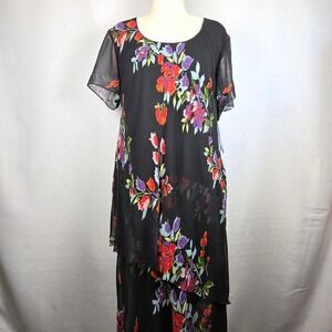 Eva Blue Plus Black Red‎ Floral Chiffon Maxi Dress Layered Fairy Flowy Size 18